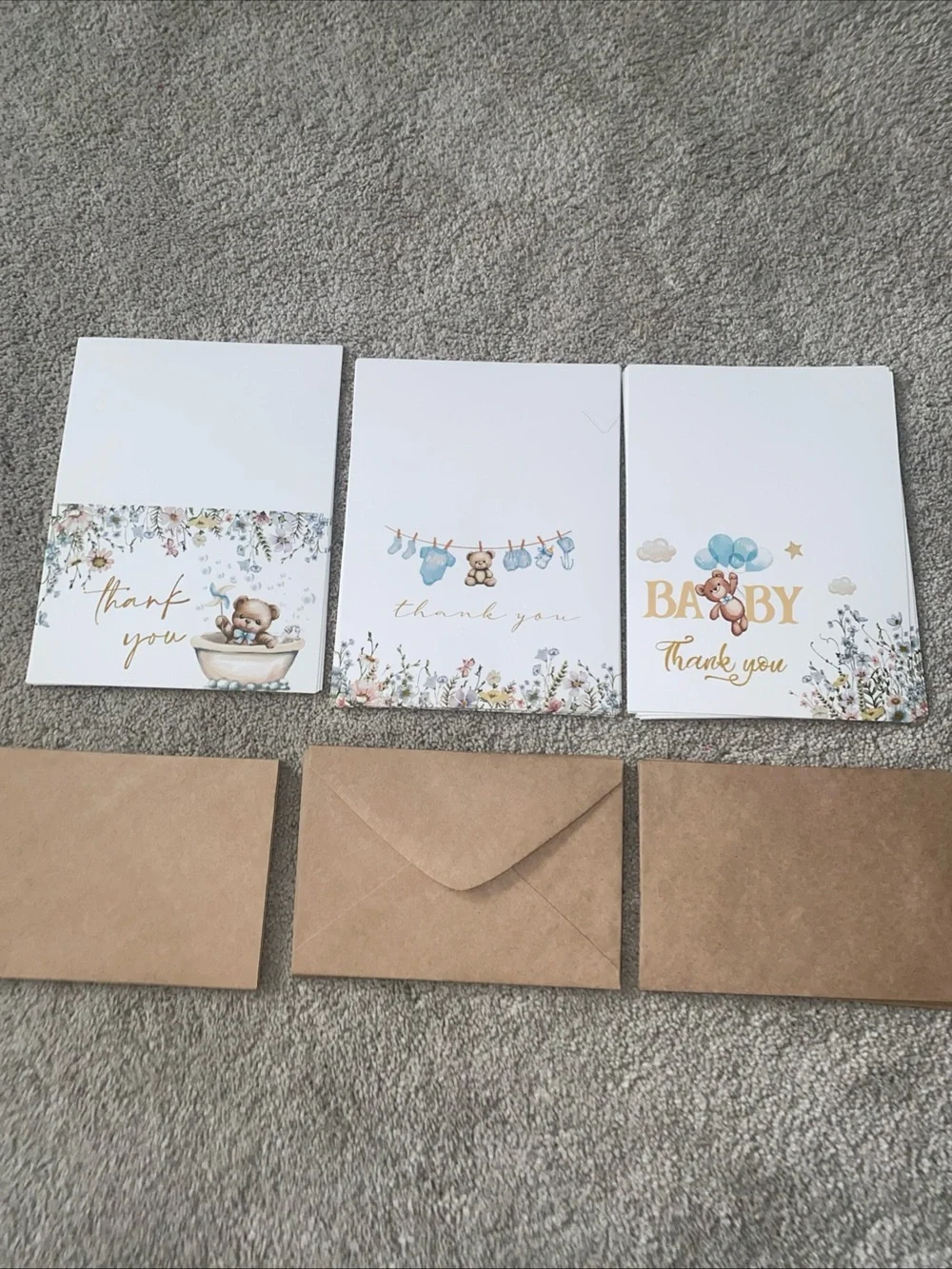 24 Baby Shower Thank‎ You Cards With Envelopes Teddy Bears Floral Brown Blue
